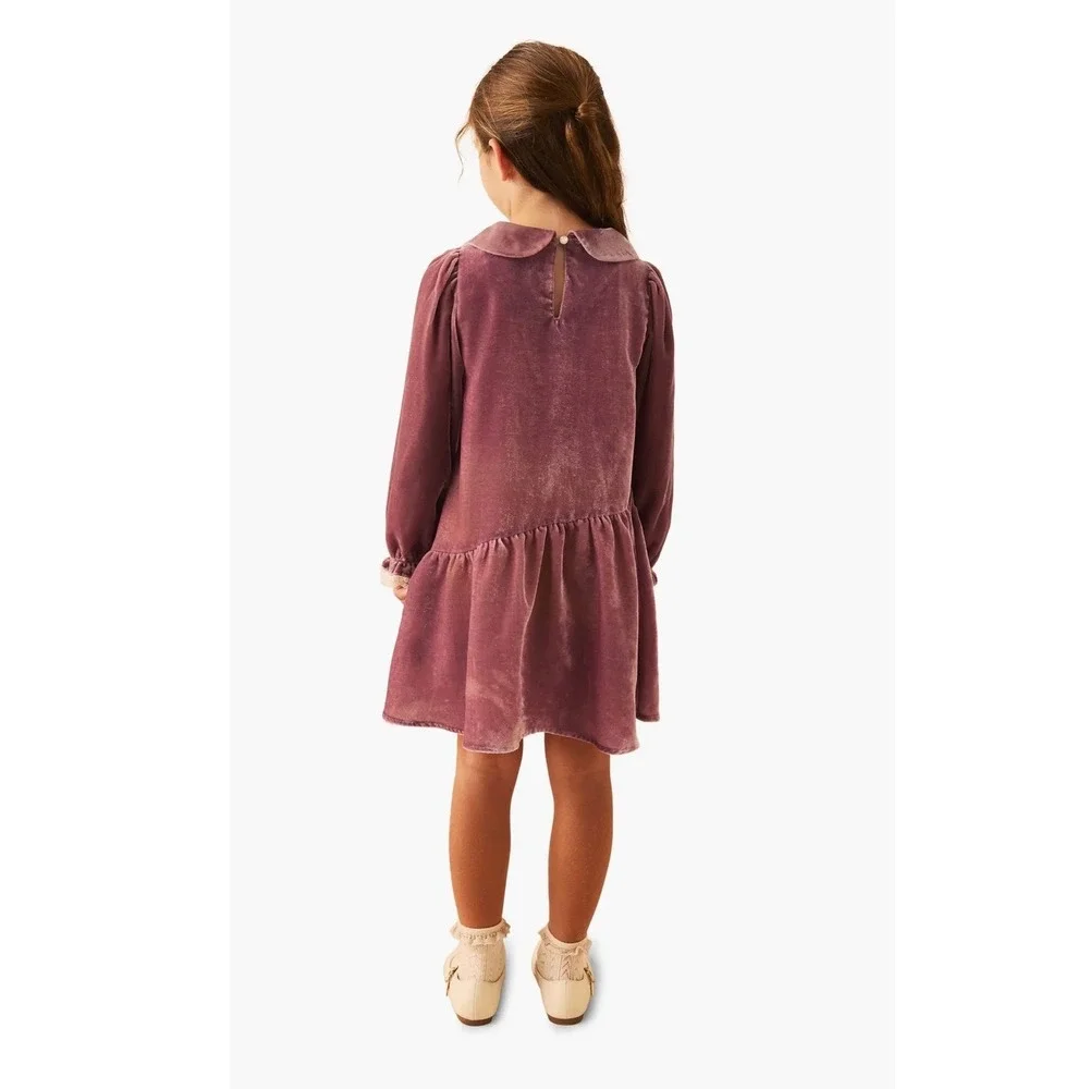 Laura Ashley Kids Pink Velvet Dress Peter Pan Collar Lace Trim Long Sleeve 4Y